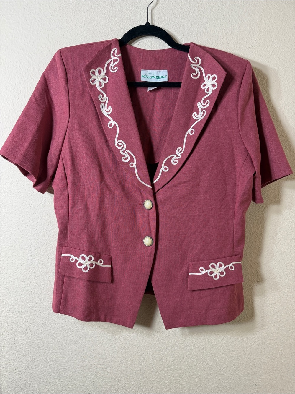 Vtg 90s Willow Ridge Mauve Pink Soutache Embroidered Short Sleeve Blazer 14